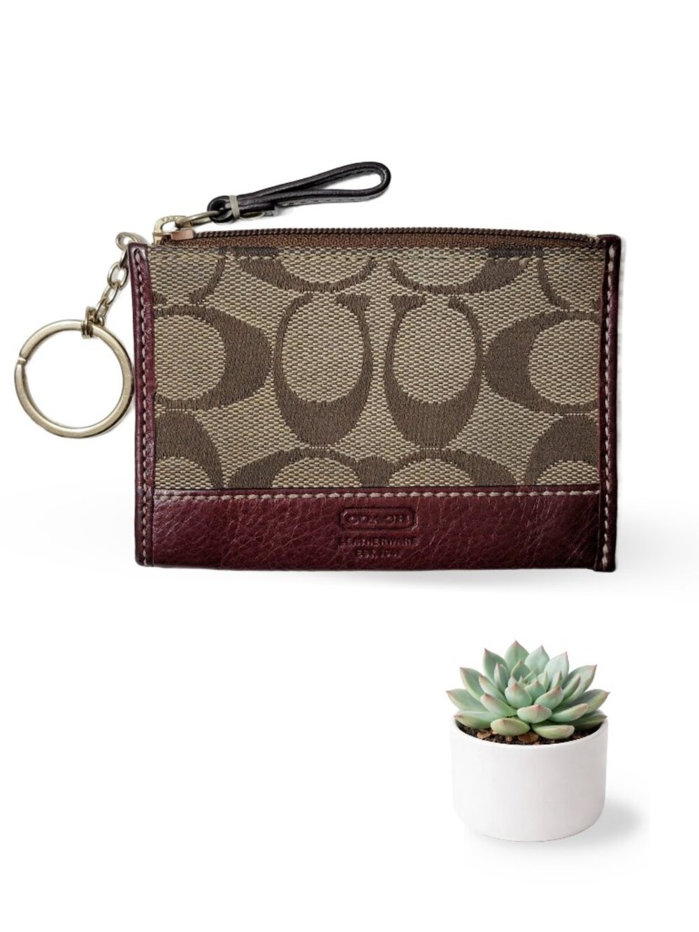 Coach Mini Skinny ID Case Signature Canvas Khaki Bordeaux Keyring Wallet Vintage